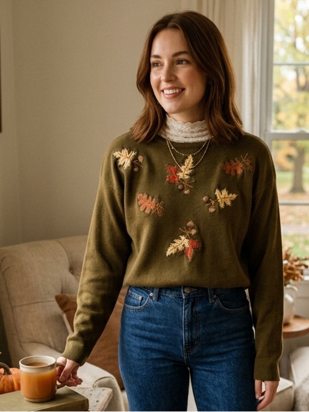 Casual Corner Olive Green Crewneck Sweater with Autumn Leaf Embroidery